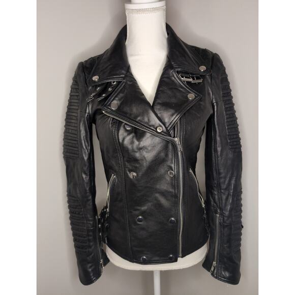 Genuine soft sheepskin leather black ribbed buckle moto jacket - Picture 1 of 10
